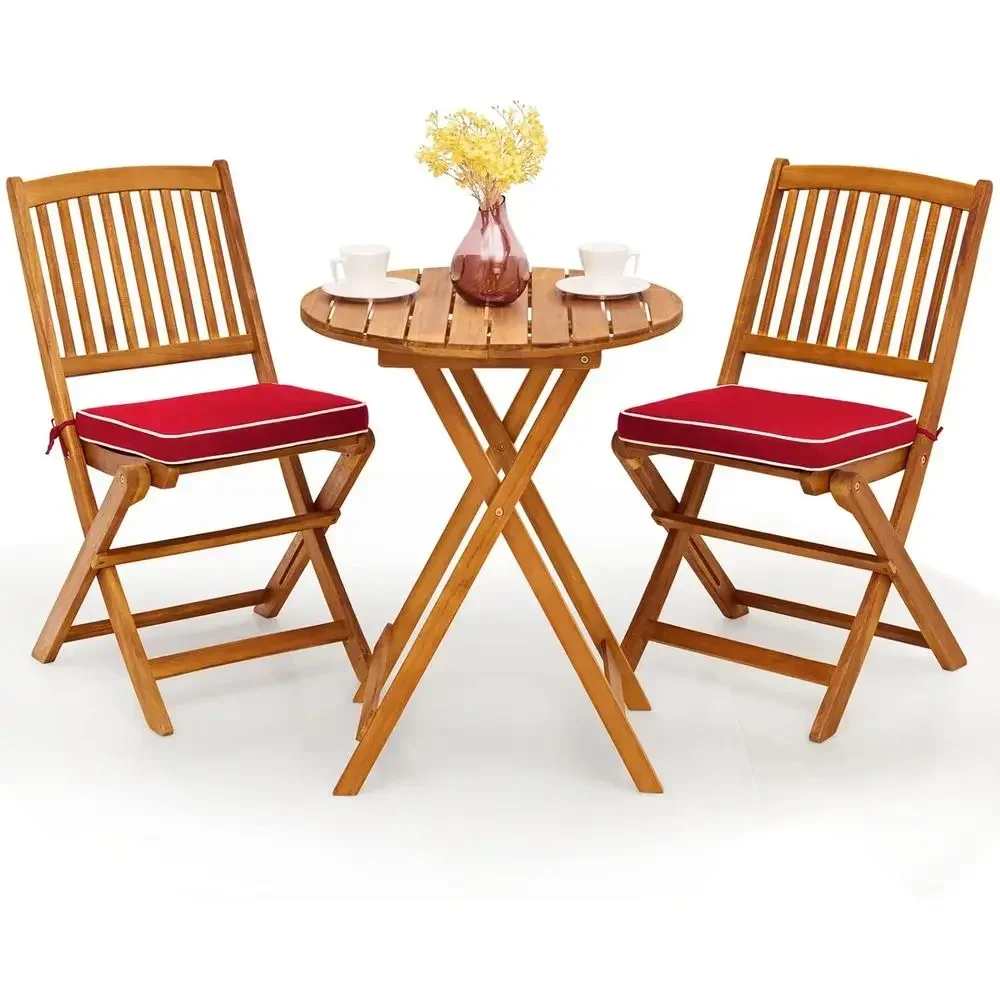 3-Piece Outdoor Bistro Set with Cushioned Chairs, Wooden Round Table, Natural and Red Finish