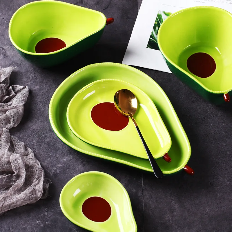 Creative Cartoon Avocado Shaped Ceramic Salad Bowl Soup Bowl Family Fruit Snack Plate Kitchen Utensils Accessories