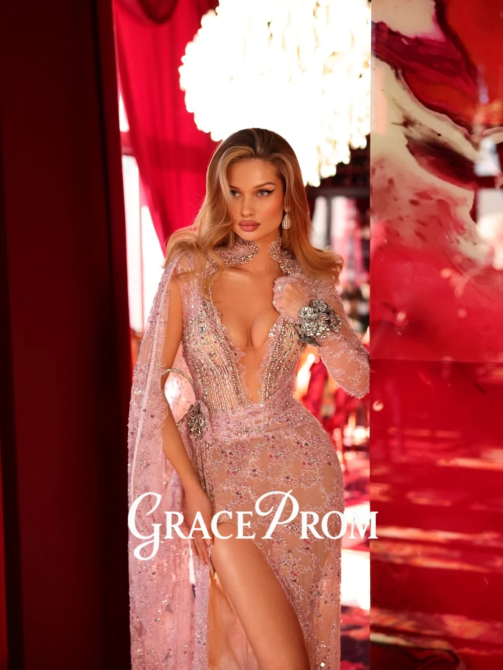 

GraceProm Chic Deep-V Evening Dress 2026 Exquisite Beaded Carpet Gown Stylish Sheath Trumpet Floor-Length Party Gown