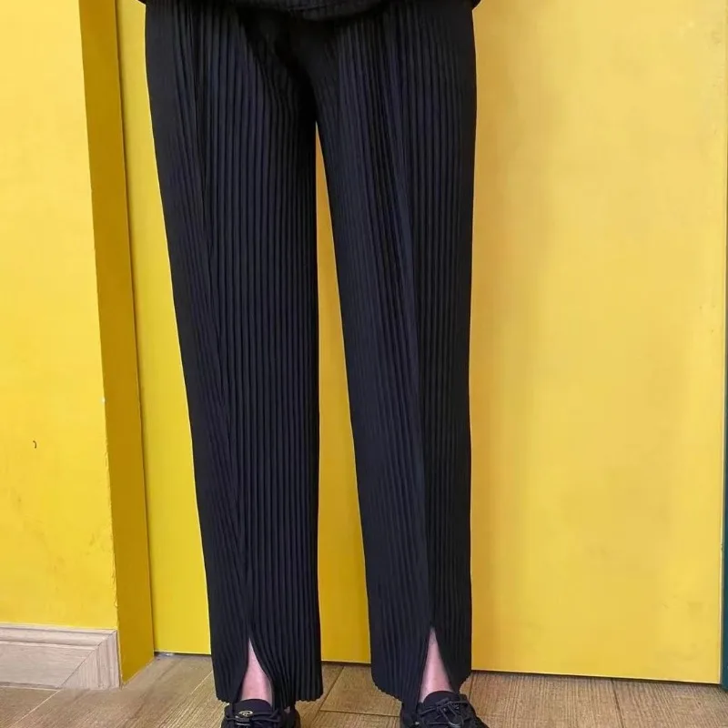 

Miyake Pleated Men’s Pants Slit Trousers Loose Straight Fit Long Pants Casual Streetwear Spring Summer Outfits Japanese Style