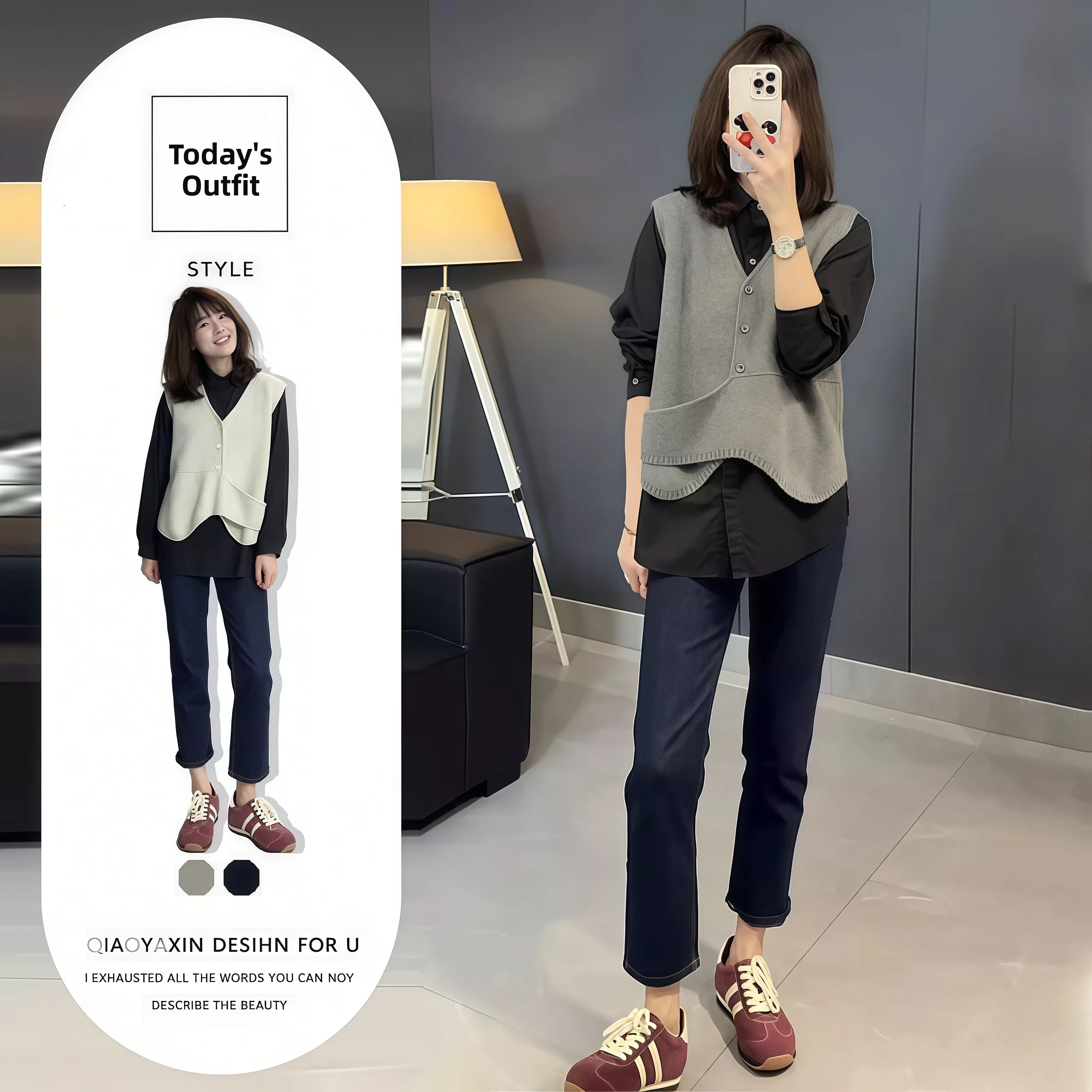

Korean Style Women's Autumn Fashion Set Long Sleeve Casual Shirt Vest Straight Leg Jeans Three Piece Set High Waist Nine Pants