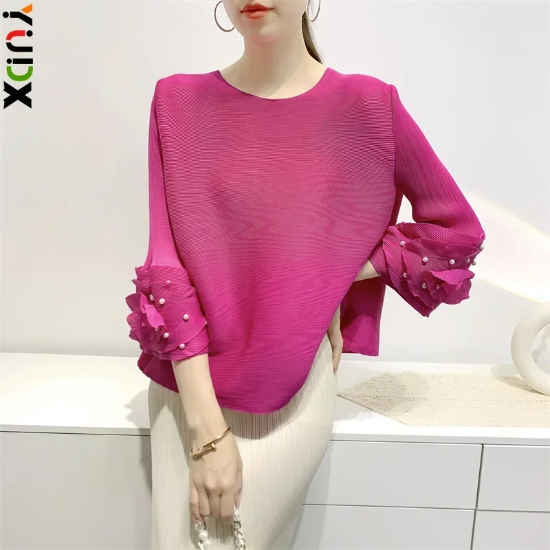 Miyake T-shirt Tops Women Sleeves Carven Design Beaded Loose Pleated Clothes Toothpick Pleated Comfort Casual Top 2024 New