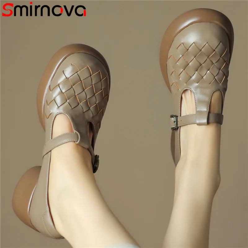 

Smirnova 2023 New Retro Ladies Mary Janes Shoes Genuine Leather Buckle Platform Pumps Square High Heels Women Shoes