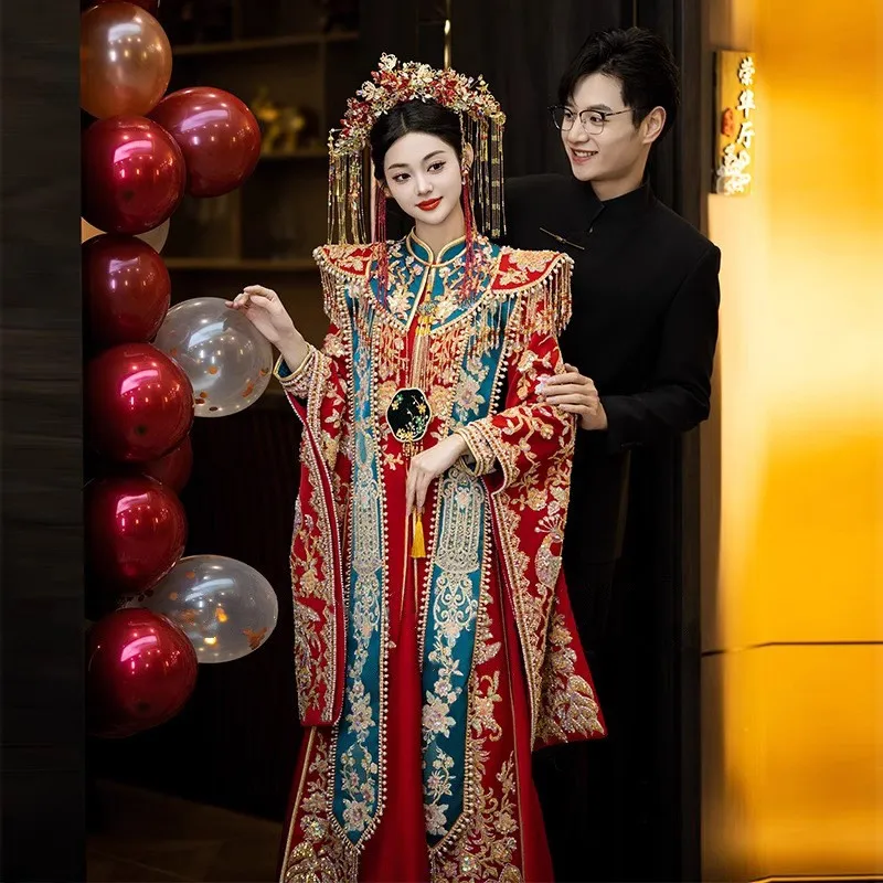 豪華な新しい頑丈な中国風の龍と鳳凰のガウンウェディングドレスクラウンレッドケープ