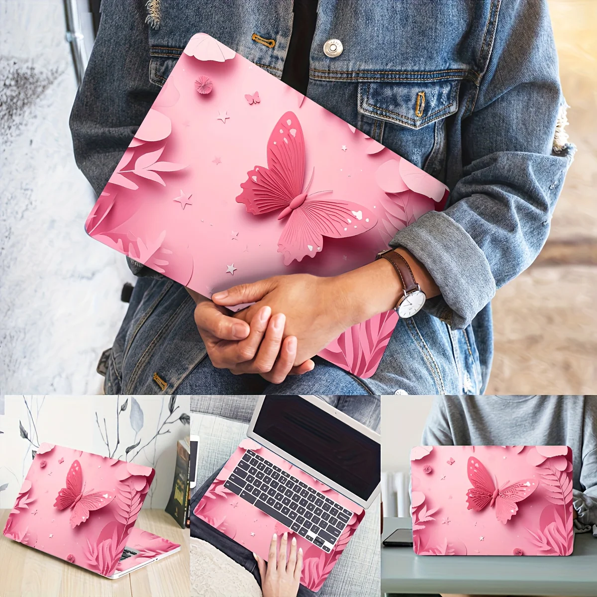 2 Pink Butterfly Laptop Art Stickers - Waterproof and Scratch Resistant for Laptops, Cars, Tablets, iPads