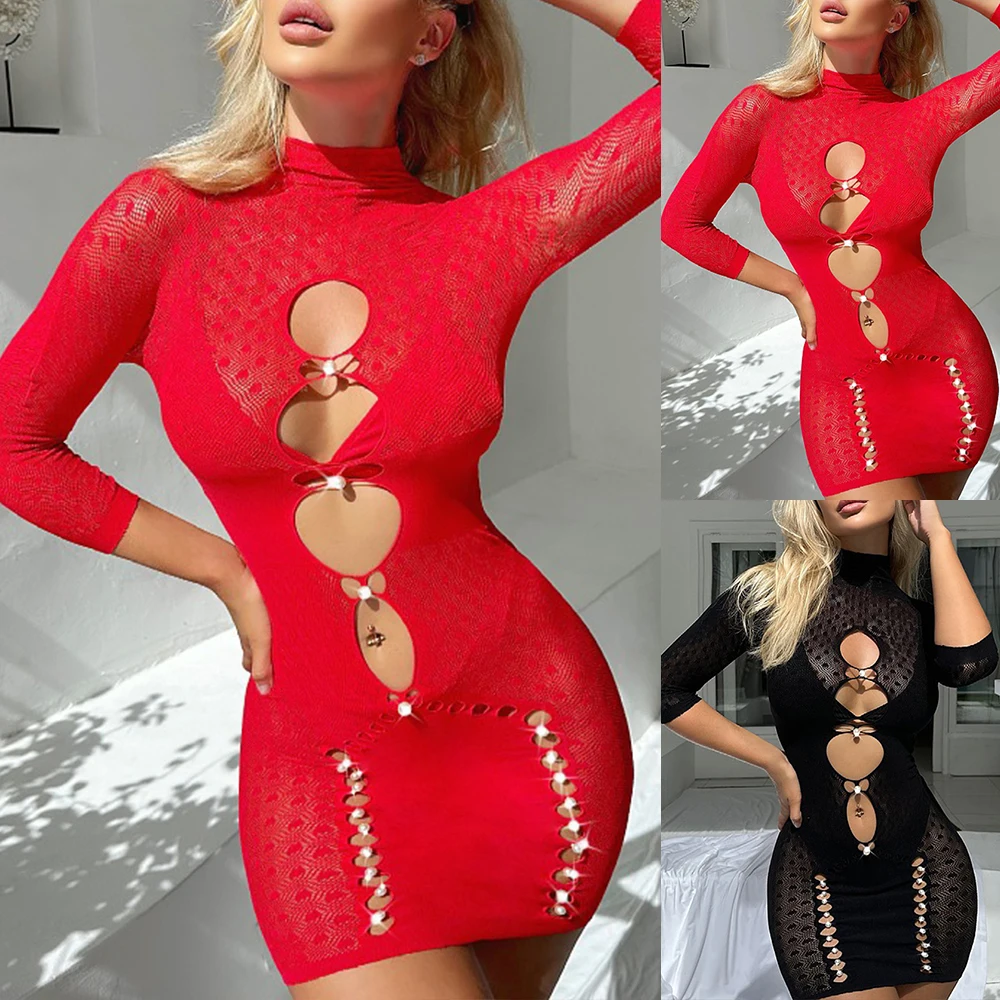 Womens Sexy Sheer Mesh Hollow Babydoll Bodycon camicia da notte Ladies Lingerie Sleepwear Pjs abbigliamento 2024