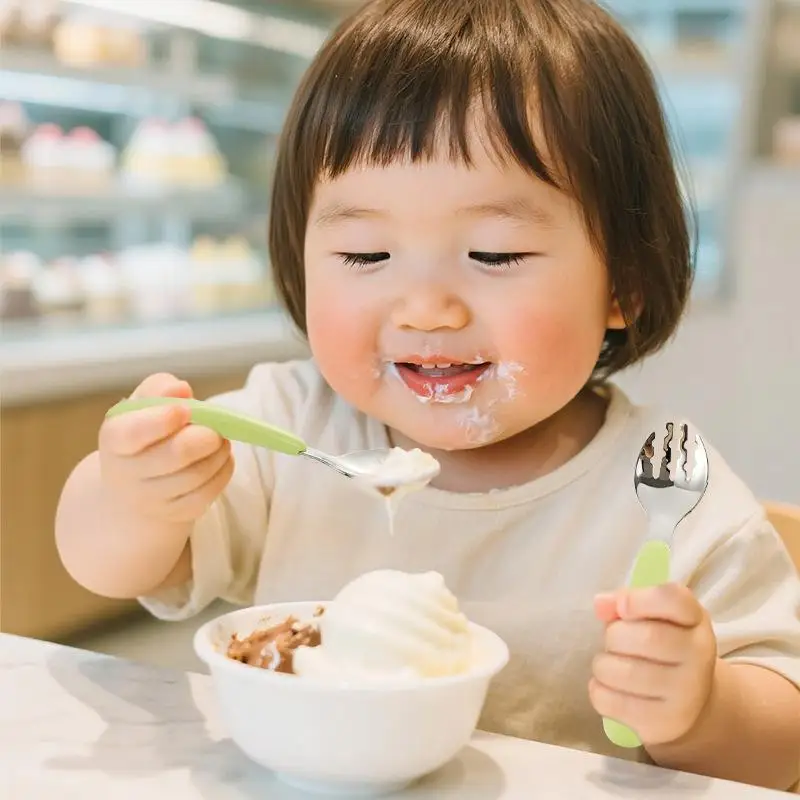 طقم أدوات مائدة للأطفال من الفولاذ المقاوم للصدأ 304، طقم ملعقة شوكة بمقبض دائري، هدايا للأم والطفل