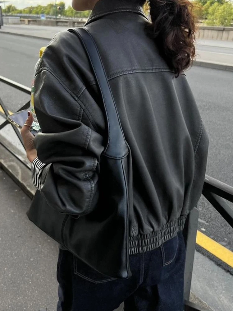 Chic Vintage Moto Jaet Cappotto lungo in pelle con colletto con cerniera ampia da donna Sli Autunno Nuovo arrivo BF Sle
