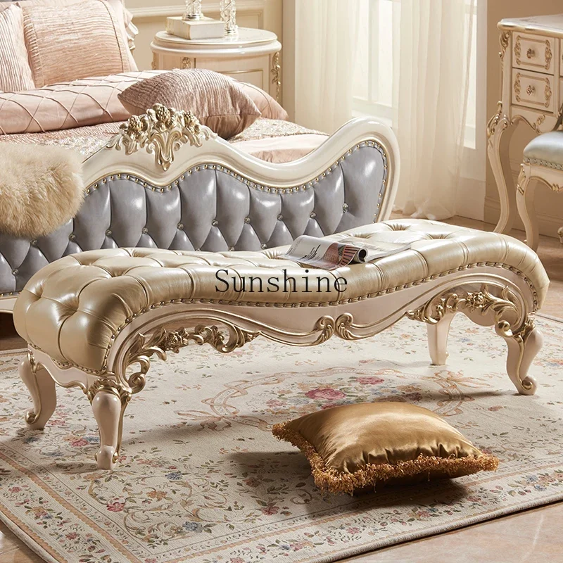 European style bedside stool solid wood luxury carved flannel bench  FT