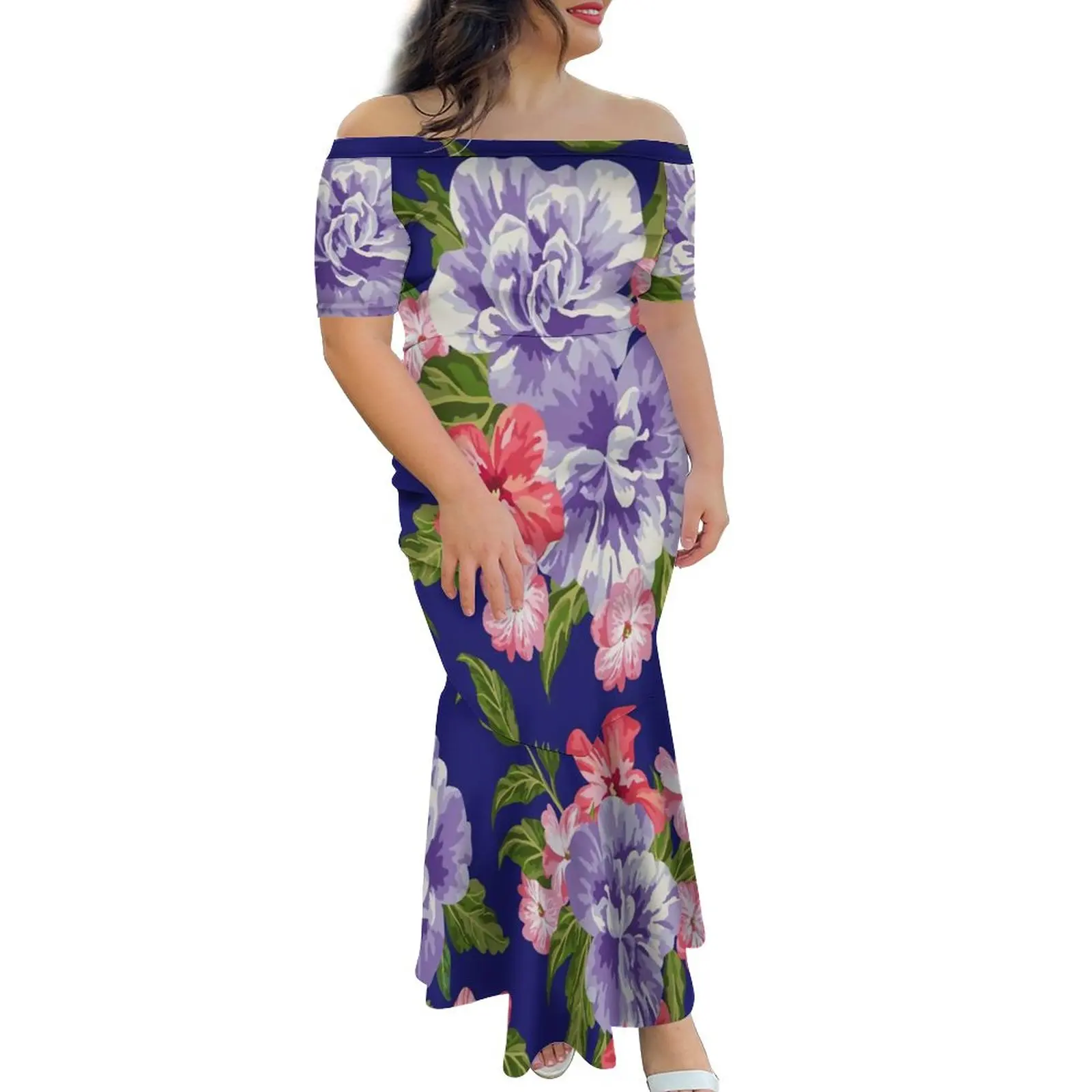 Purple Hibiscus Custom On Demand Half Shoulder Fishtail Dress Tongan Style Polynesian Pacific Island Art One Shoulder Dress