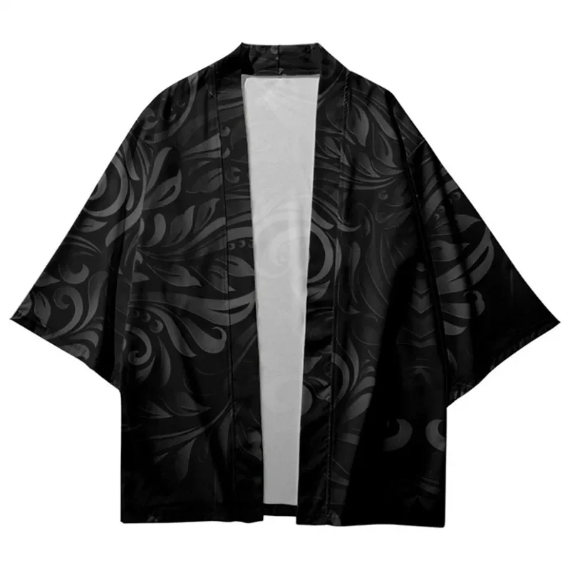 Fashion Simple Style Unisex Black Swirl Floral Graphic Haori Kimono Cardigan Summer Casual 1/2 Sleeve Open Yukata Coat Tops