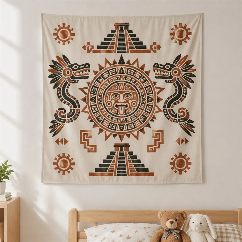 VIKAMA Aztec Maya Sun Stone Tapestry Wall Hanging, Tribal Totem Wall Art, Ethnic Decor for Living Room Bedroom Office Dorm