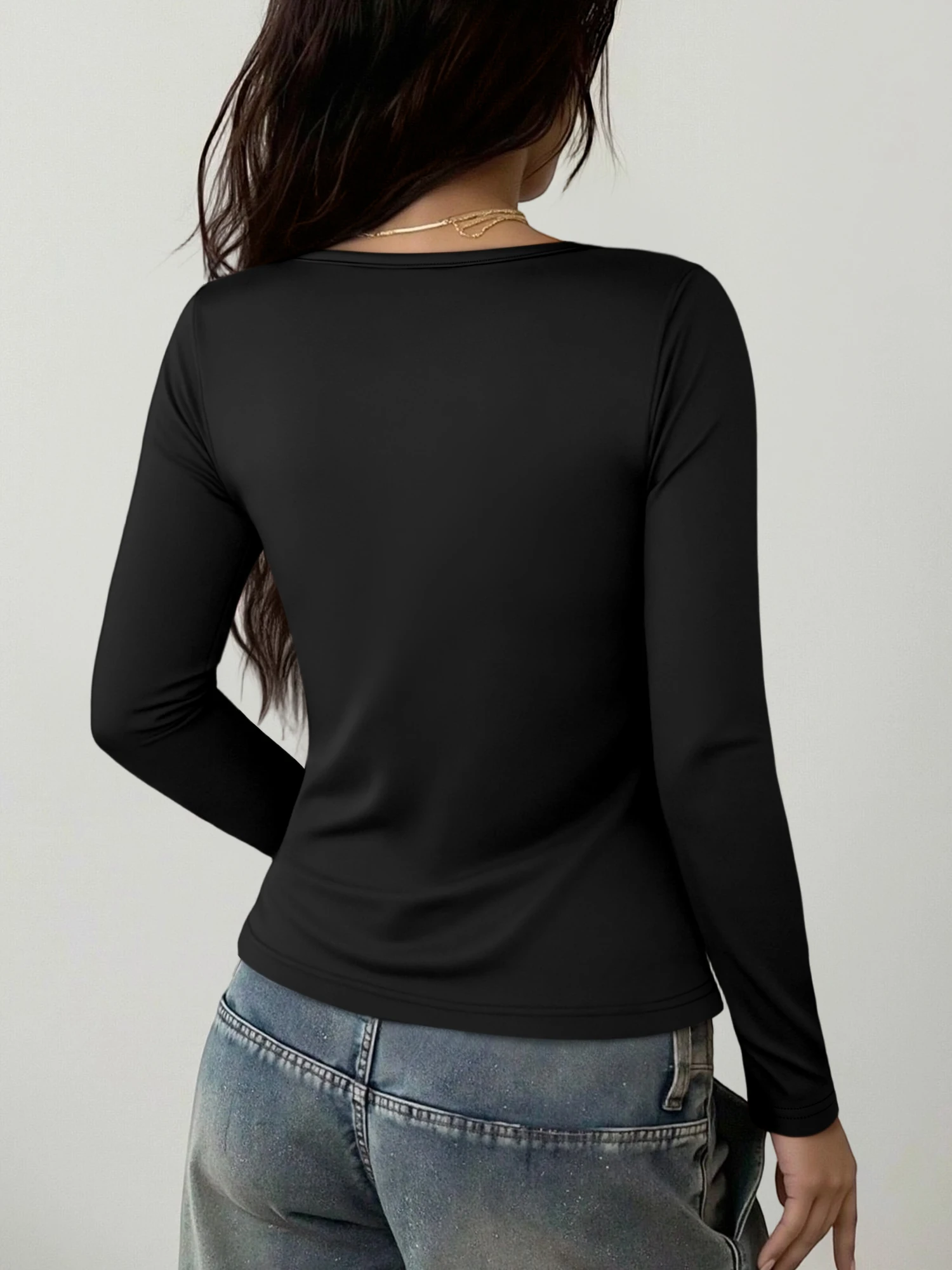 Y2K Streetwear Solid Color U Neck Long Sleeve Bodycon T-Shirt Ladies Elastic Waist Cinching Slimming Basic Blouse view 2