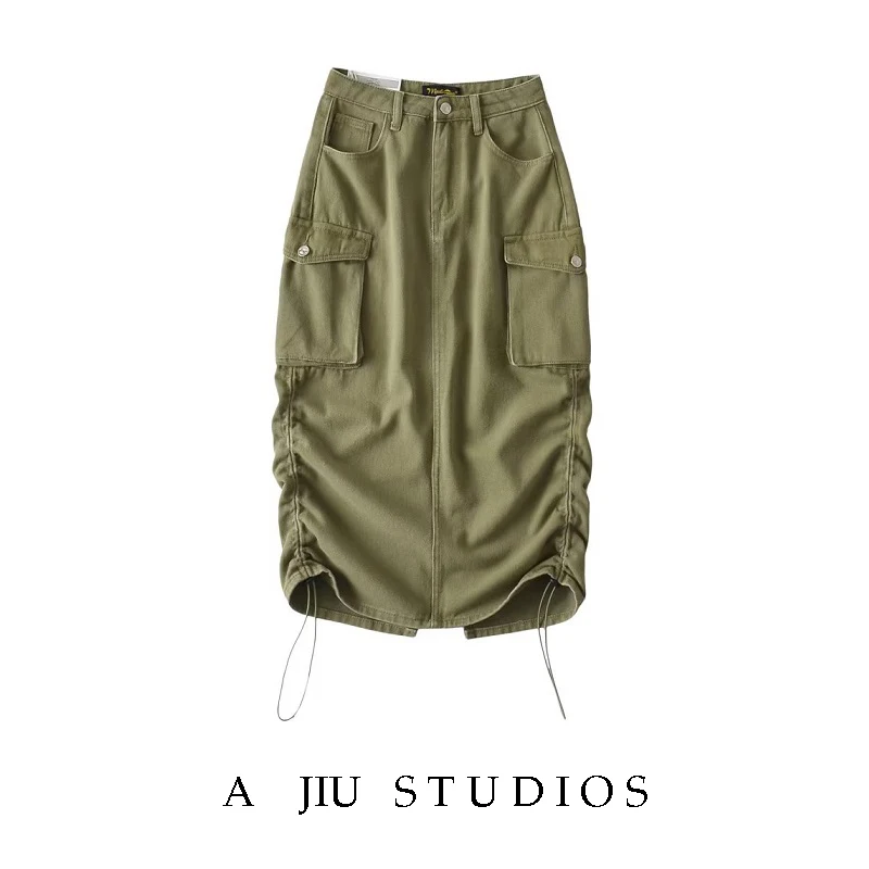 

Ретро американский колледж Sle плиссированная джинсовая юбка-карго средней длины для похудения Street Sle с высокой талией прямой трапециевидной формы