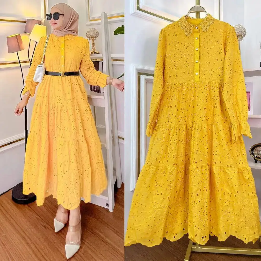 

M239#tiktok Dress Muslim Indonesian Women's Embroidered Hollow Lace Dress Robe Abaya Ramadan Dubai Luxury Islam Elegant