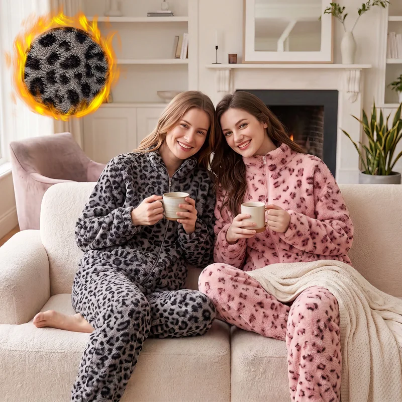 Women Leopard Print Coral Fleece Pajama Set Zipper Stand Collar Warm Thick Loungewear Home Suit Winter Outwear Sleepwear