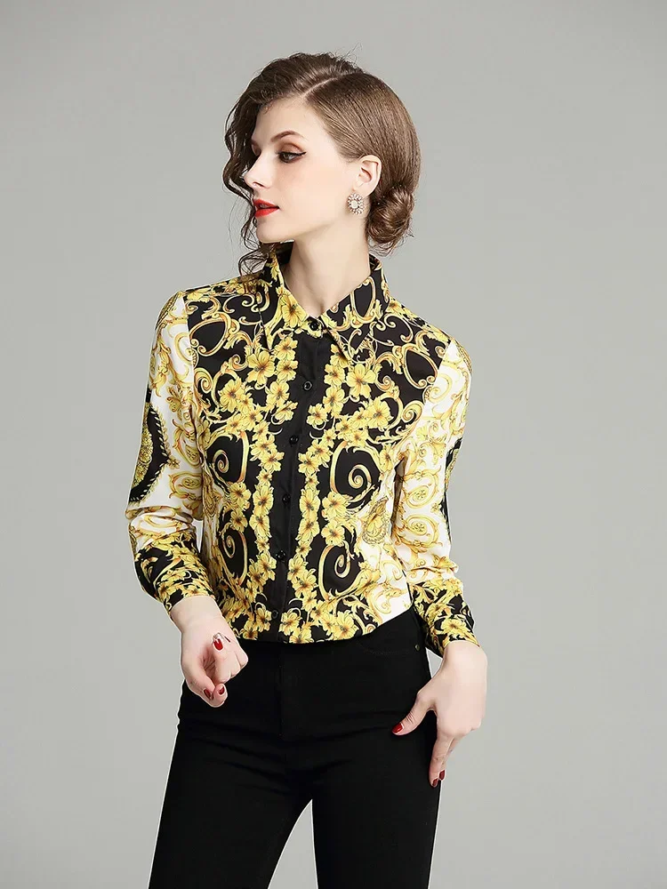 Spring Autumn Women\'s Blouse Tops New Bohemian Retro Turn-down collar Office Lady Trend Printing European American Shirt UK766