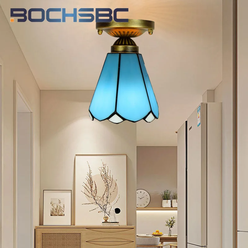 

BOCHSBC Tiffany 6inch retro style blue small ceiling light deco the hallway hallway balcony foyer staircase LED chandelier