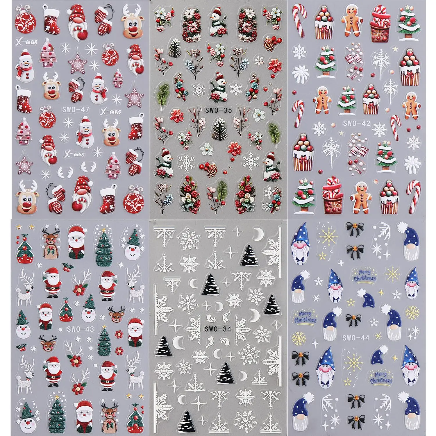 Christmas Theme Nail Stickers & Self-Adhesive Nail Art Decor for Salon, Party and Gifts. Featuring Classic Holiday Designs.
