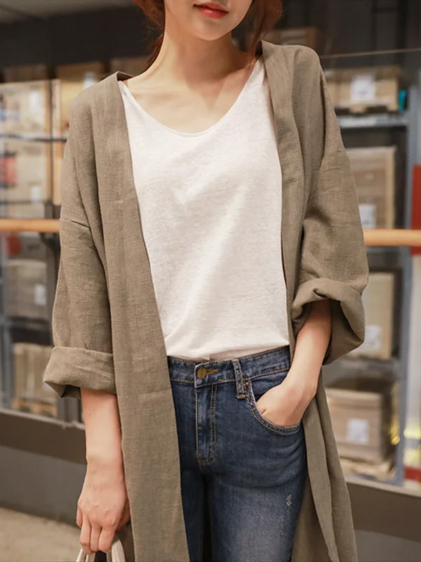 Medium length cotton linen sunscreen jacket female spring and summer Korean version large loose linen thin knee cardigan RLW2