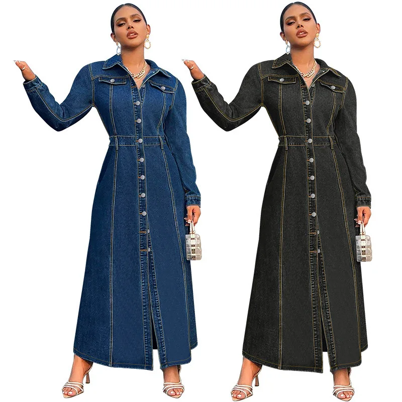 

218627 Fashion New Women's Buckle Long Sleeve Long Coat Dress