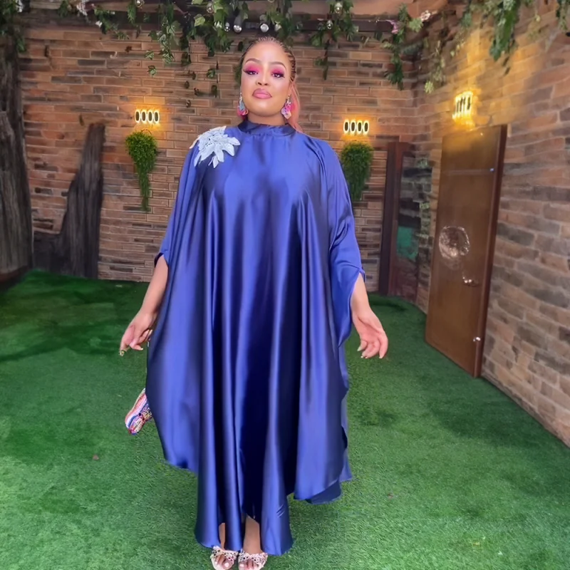 

2025African Fashion Elegant Plus Size Dress Rayon Stand Collar Batwing Sleeve with Applique Large Hem