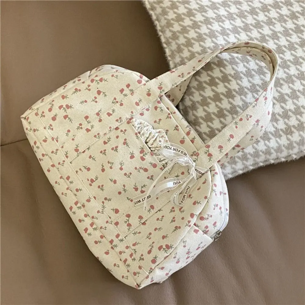 Canvas Floral Handbag Casual Beige Zipper Student School Bag Lightweight Large Capacity Travel Tote Bag