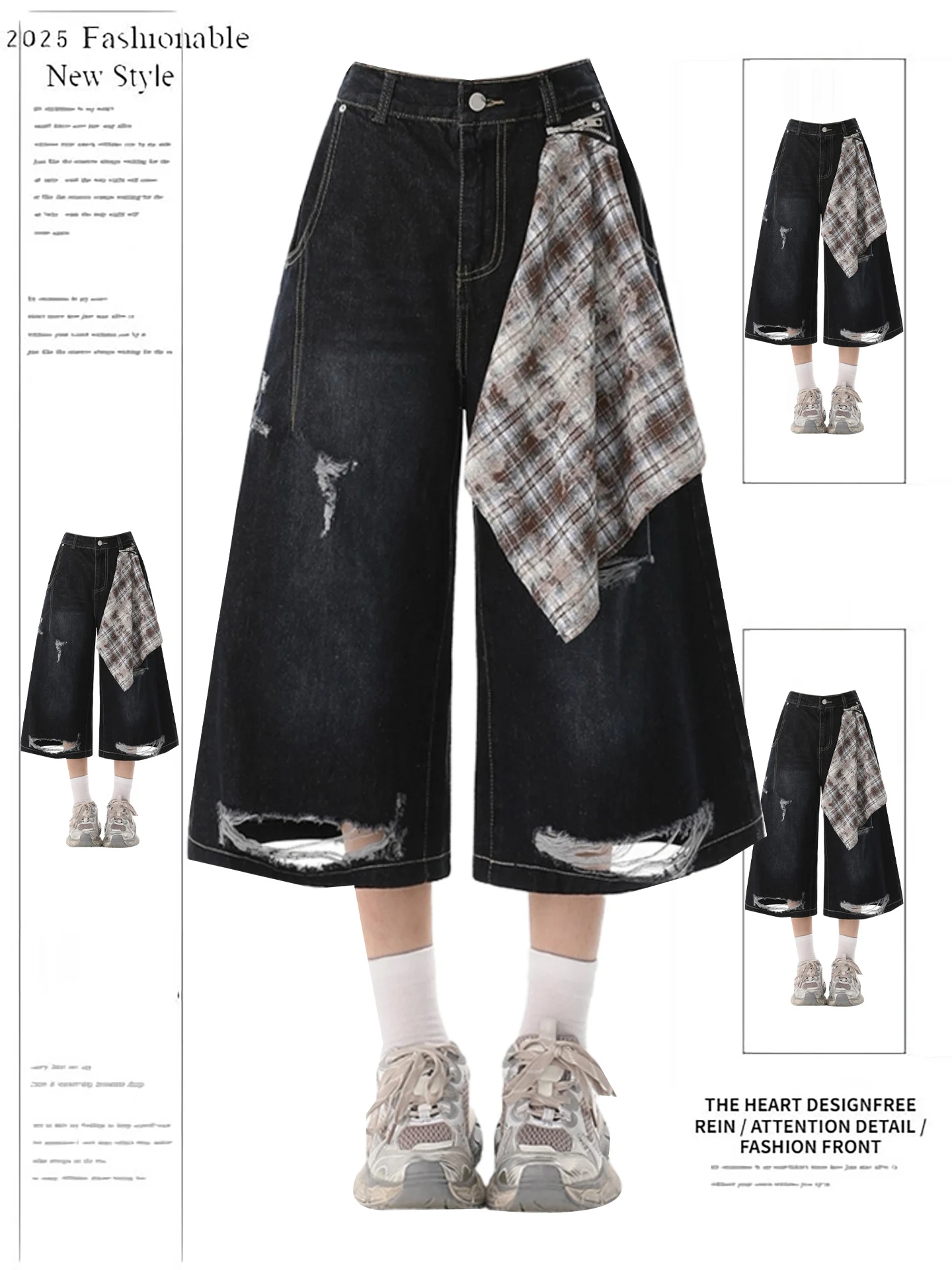 

Trendy Detachable Scarf Hole Denim orts Women's Loose Wide Leg Seven Pants Casual High Waist Tear Wear Resistant All Seasons