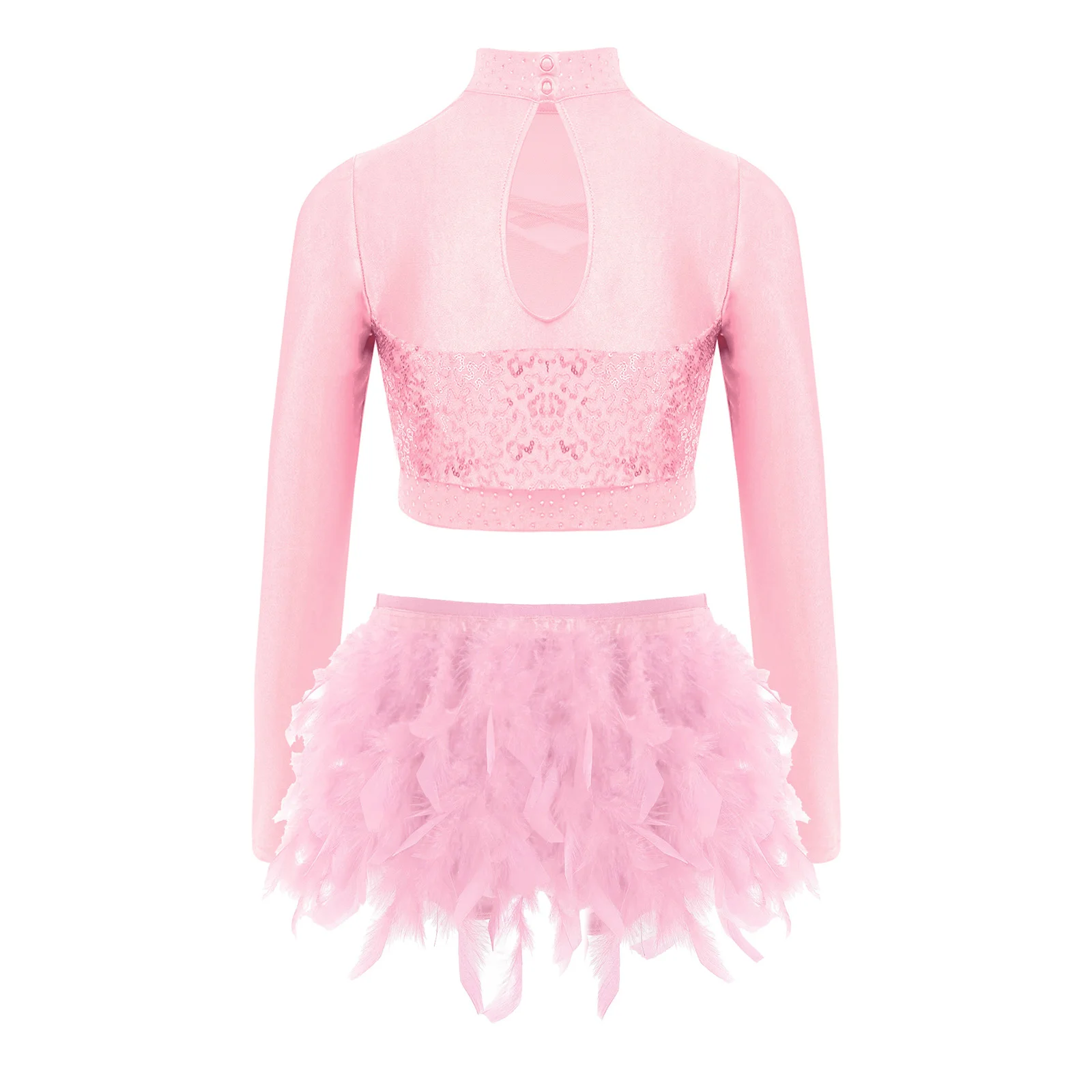 Kids Girl Jazz Dance Outfit Shiny Sequins Crop Top+Feather Skirt Set for Hip Hop Street Performance Training Competition Set
