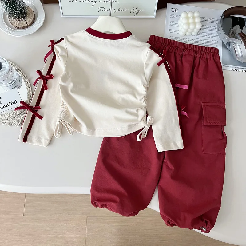 Girls' Suit2024Autumn New Alphabet Embroidery Bow Children's Long Sleeve Fashionable Sweatshirt Trousers Two-Piece Set