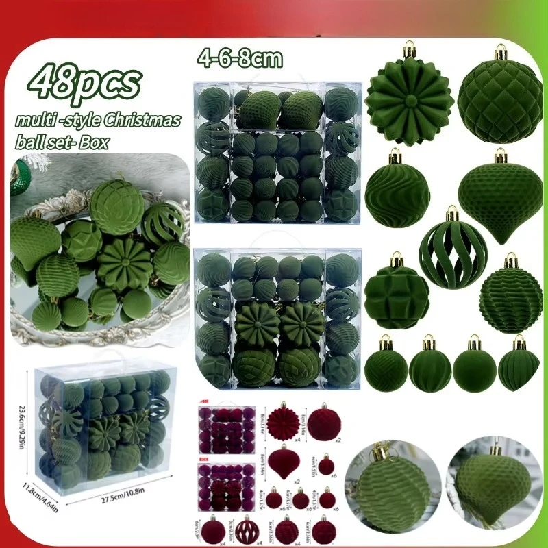 Creative 48pcs Christmas Decorative Balls PVC Flocking Christmas Ball Pendant 4/6/8cm Set Christmas Ball Home Decoration Product