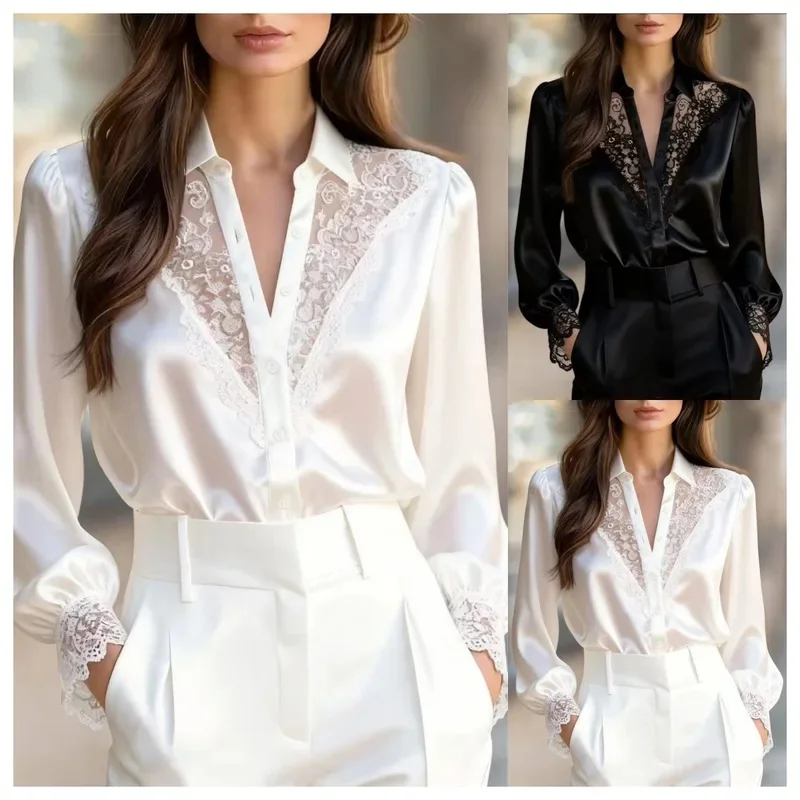 2026 New Spring Autumn Lace V Neck Bubble Sleeve Blouse For Women Unique Minimalist Design Casual Fashion Shirt Top