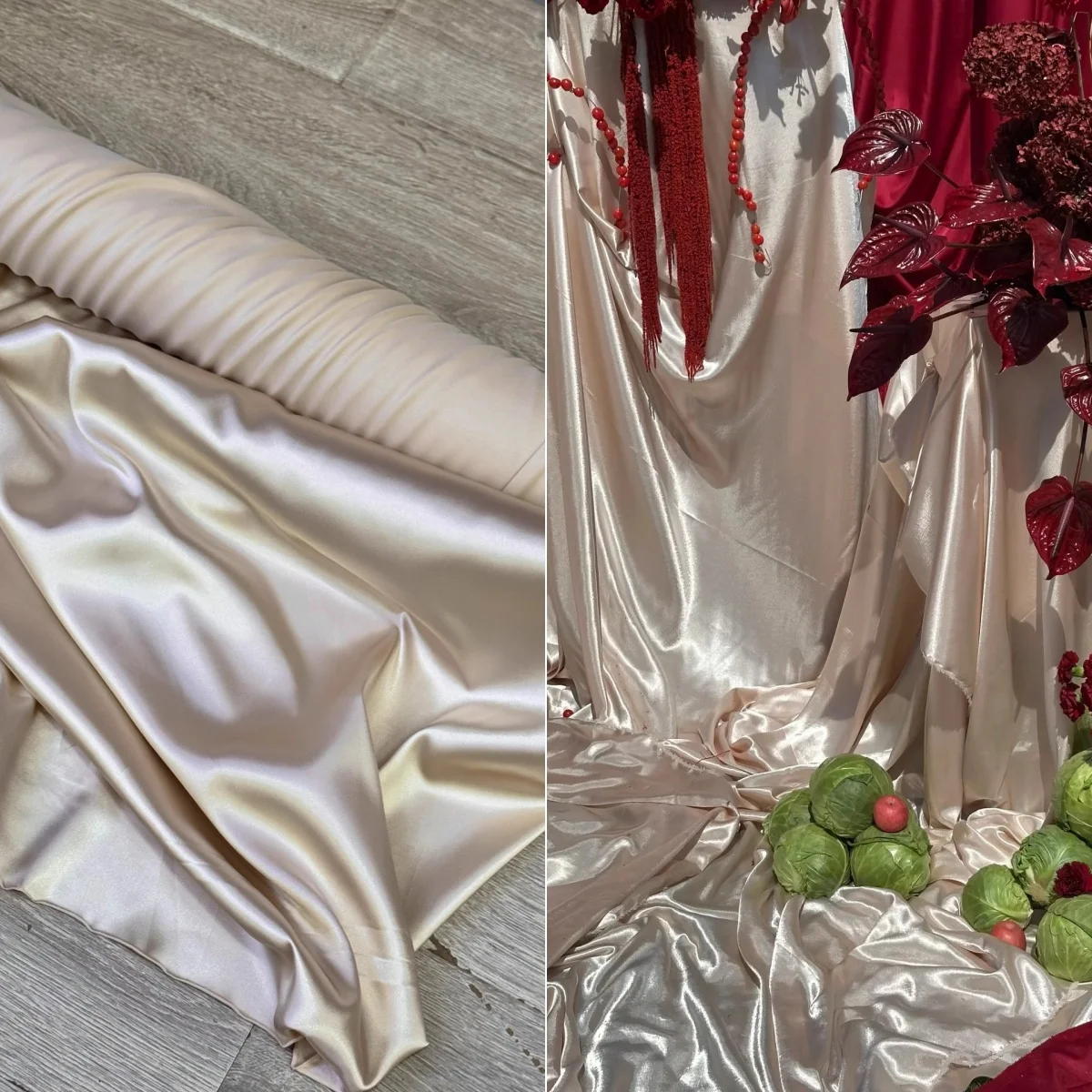 

White champagne color with a smooth and glossy satin fabric DIY wedding party scene background decoration cloth curtain