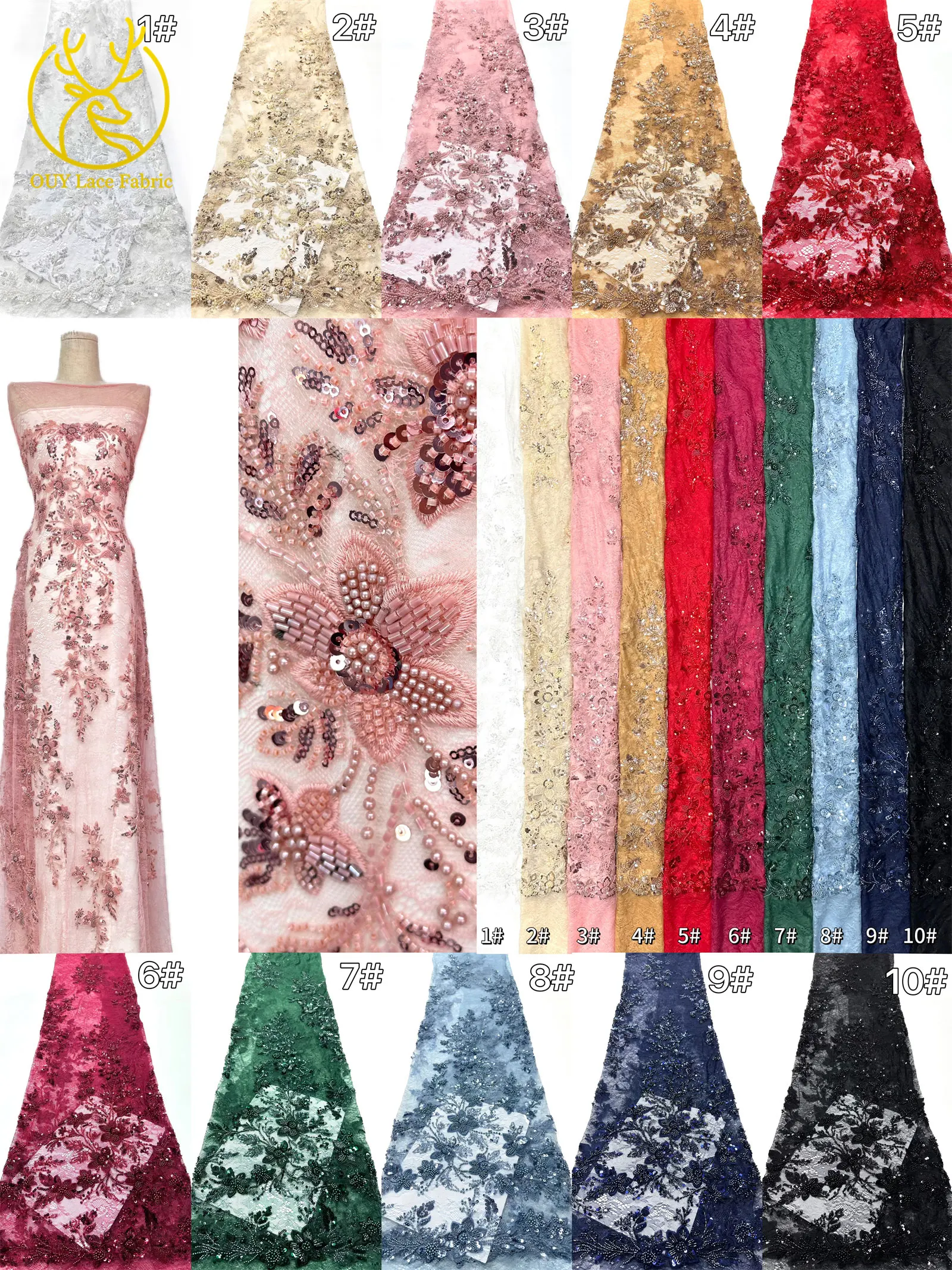 2026 Eleganter afrikanischer Perlen-Bräutigam-bestickter Spitzenstoff, 5 Yards, nigerianischer französischer Pailletten-Spitzenstoff zum Nähen von Hochzeitskleidern – Detail 3
