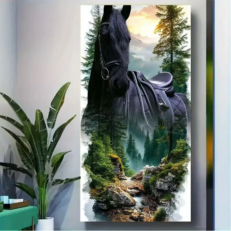 

Forest Black Horses,Pine Trees,Mountain Streams Diy Diamond Art Painting Large Size Cross Stitch Kits Diamond Mosaic Scenery Art
