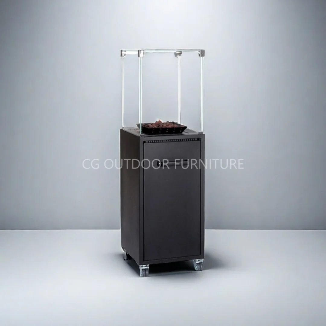Freestanding Gas Fireplace, Ventless Natural Gas Heater, 430x430x1400mm, Mild Steel and Tempered Glass, Indoor Outdoor Fire Pit