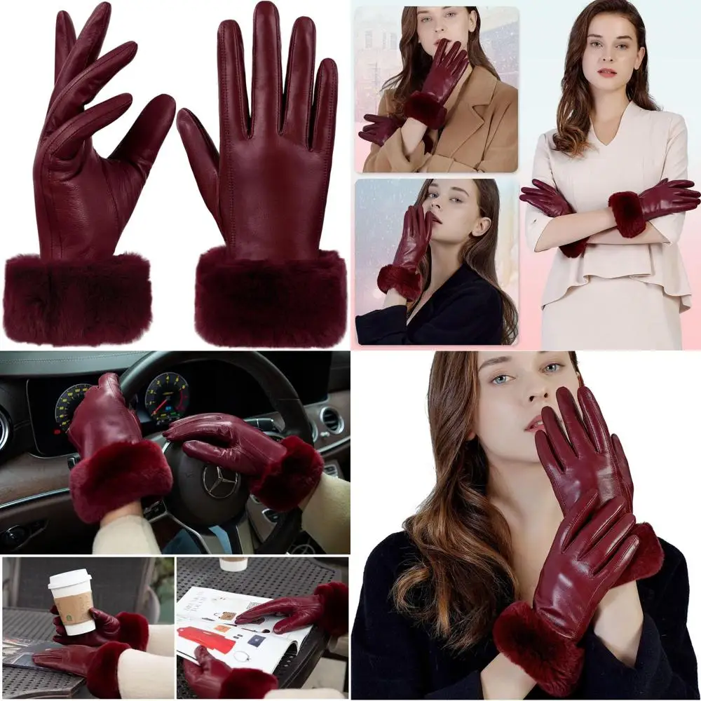 

Women's Rabbit Fur Cuff Leather Gloves with Touchscreen for Warm Winter Driving in Multiple Colors