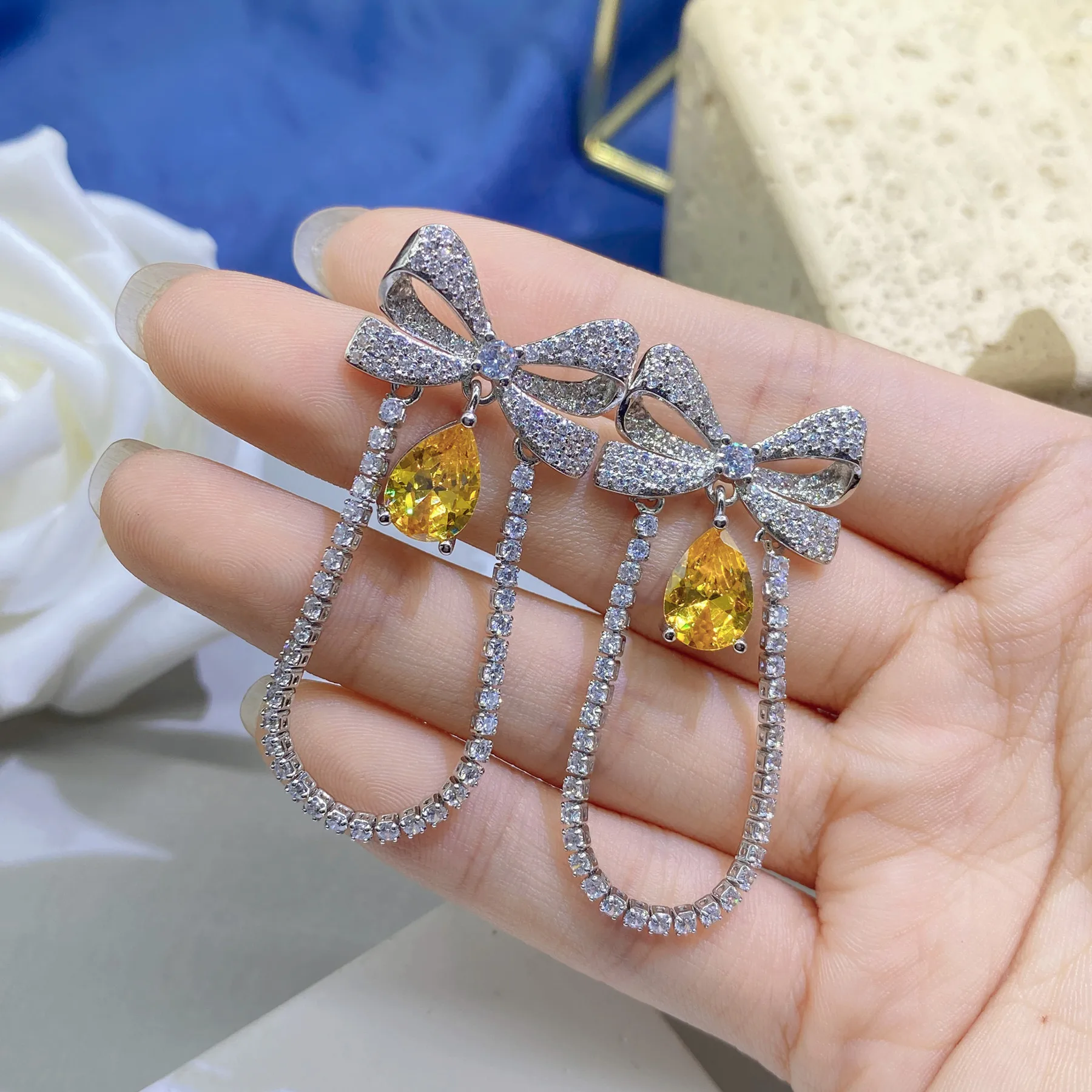 DIY accessories Bow pink water drop fringed earrings girlish sweet and easy to match super fairy small fragrant wind yellow diam