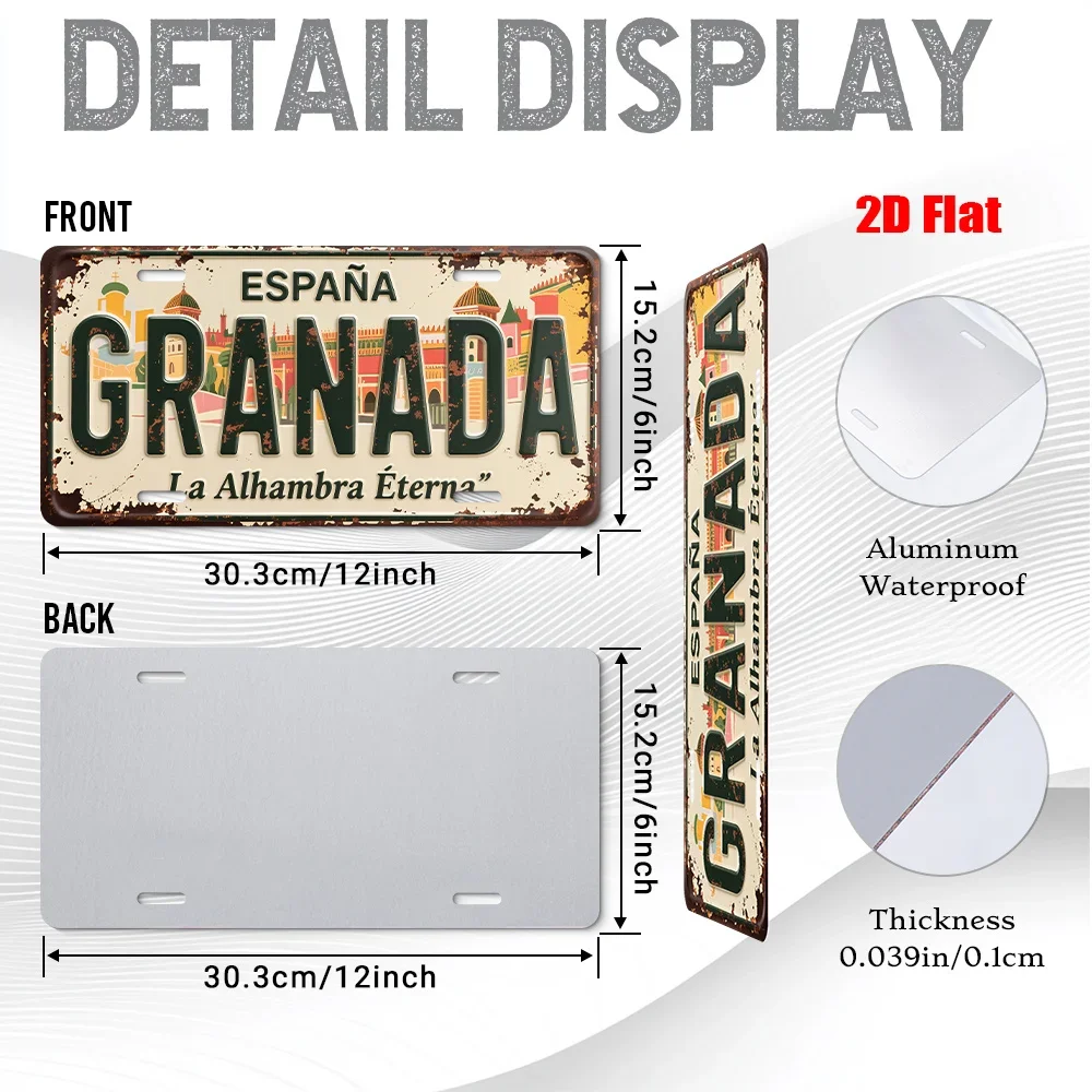 AL Granada Spain La Alhambra License Plate Sign - Vintage Durable Metal Plaque Wall Decor, Home Office Bar Man Cave Wall Art
