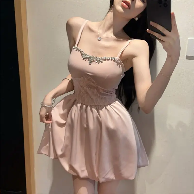 daughter celebrity heavy industry nail drill suspender dress women's summer slim waist A word princess bud short skirt