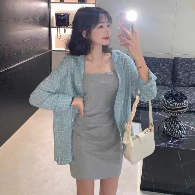2023 Summer Fashion Wear a Full Set of Pink Plaid Shirt Women's Suspender Dress Sweet Spicy Women's Two-piece Fashion Style