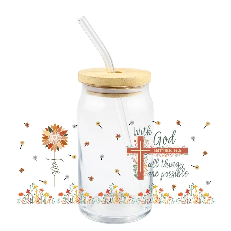 16 Oz Glass Cups UV DTF Transfer Sticker For Wraps With God All Things Are Possible DIY Waterproof Custom Decals Easy To Use