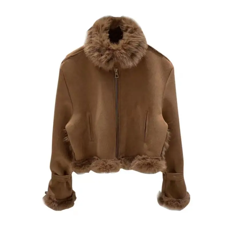 2024 Winter Coat Women Faux Deerskin Leather Fur Bomber Jacket Streetwear Lapel Short Motorcycle Biker Coats Outwear Mujer Tops