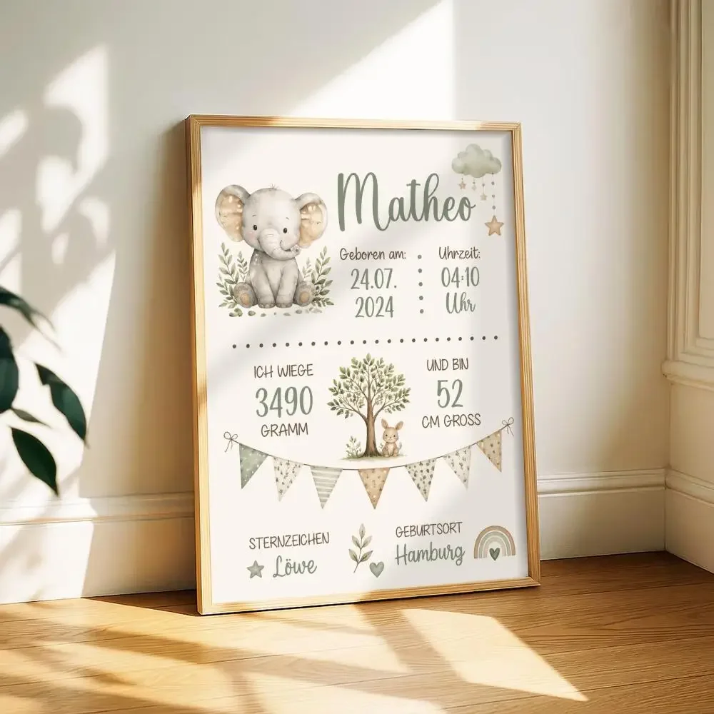 Woodland Animal Birth Stats Painting Calligraphy Canvas Poster Art for Bedroom Room Home Decor Wall Decoration Decals Gift