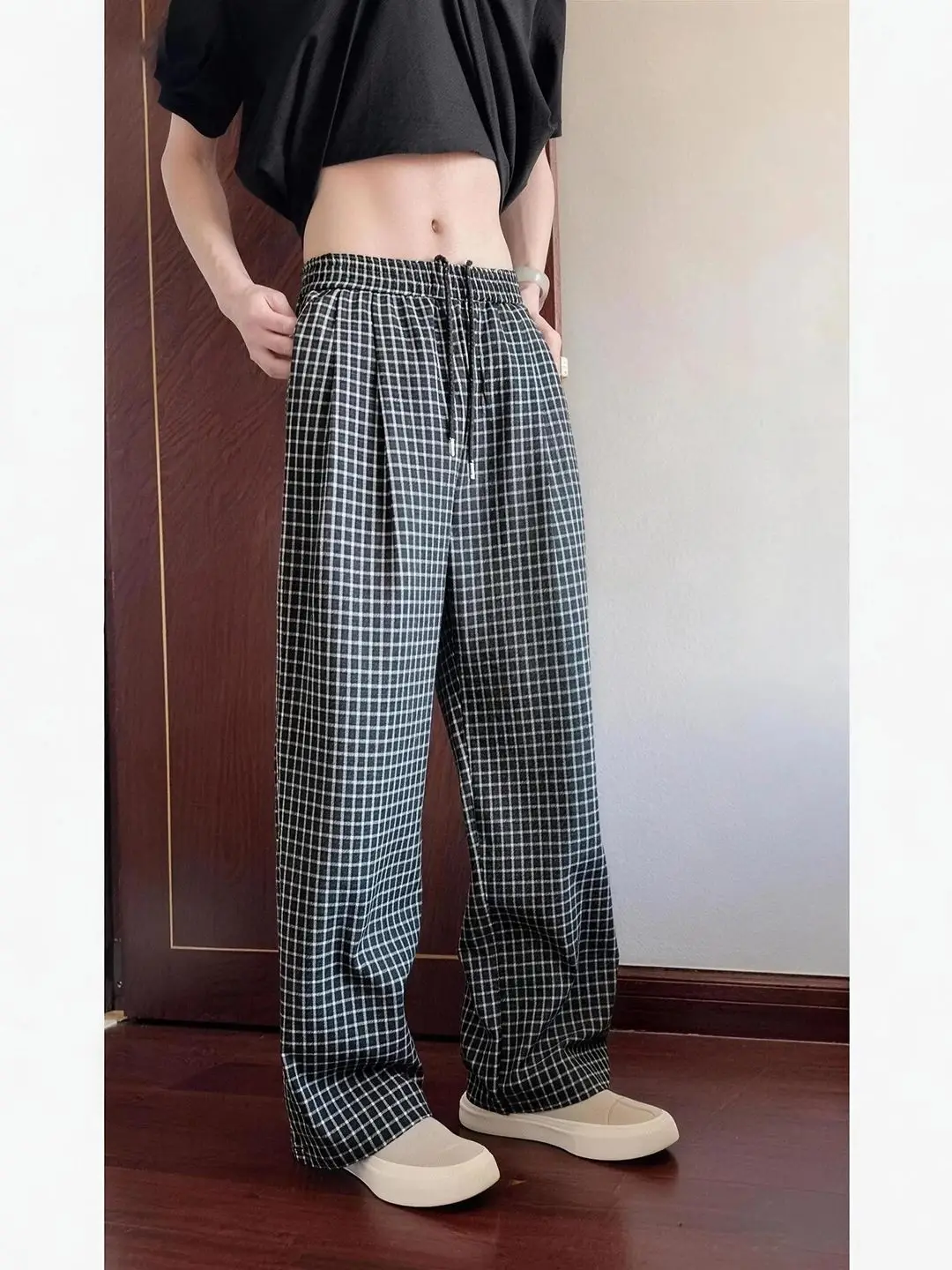 Black Plaid Ice Silk Quick Dry Casual Pants Men's Loose Bubble Cloth Waist Elastic Loose Long Knives Casual Pants