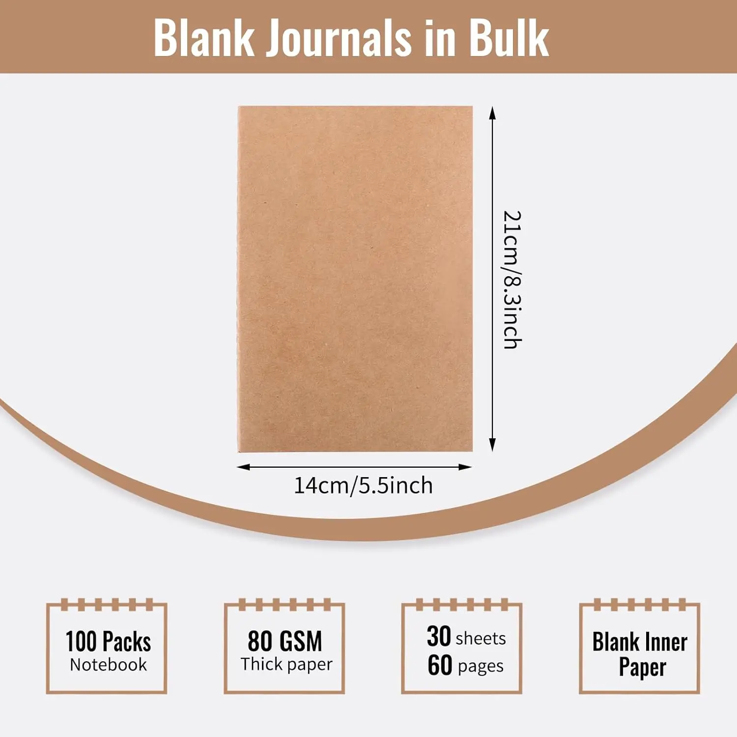 100pcs A5 Kraft Notebooks, Blank Page Journals in Bulk, Sketchbooks Bulk for Kids, 60 Pages