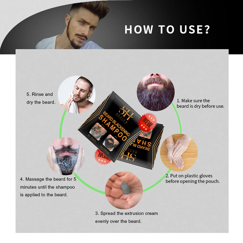 Natural Men\'s Beard Dye Shampoo Instant Colouring Five Minutes Tint Cream Moustache Blackening Mild Formula Daily Salon