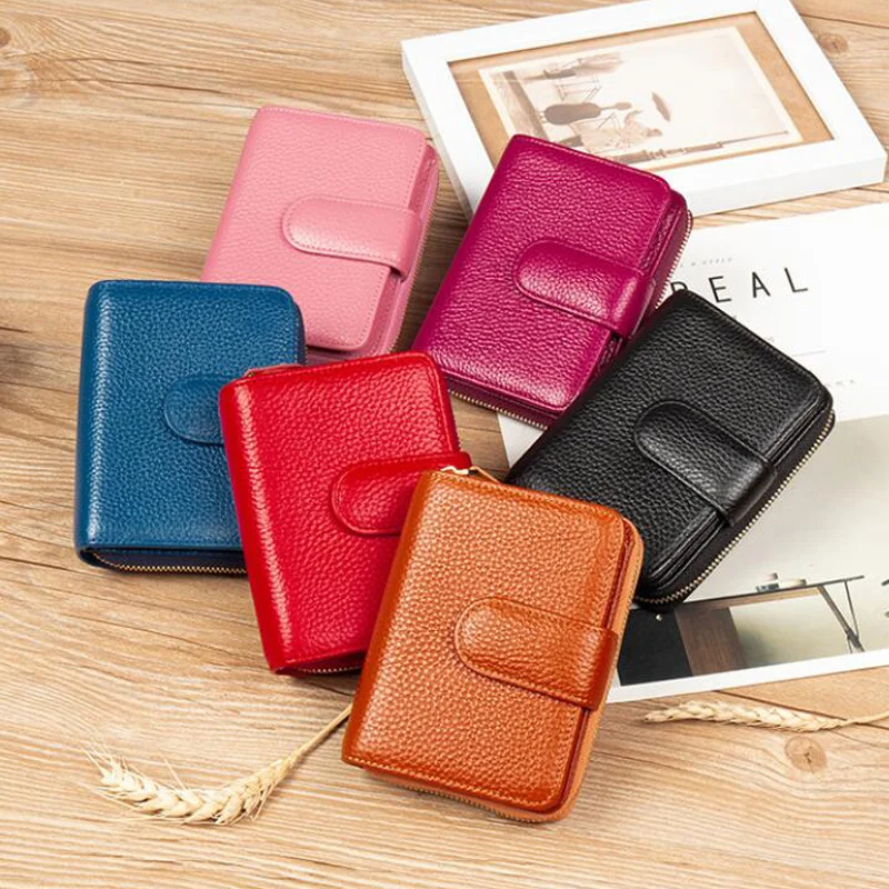 Women's Wallet Cowhide Short Fashion RFID Buckle Zipper Coin Purse Ladies Card Holder Bag For Woman