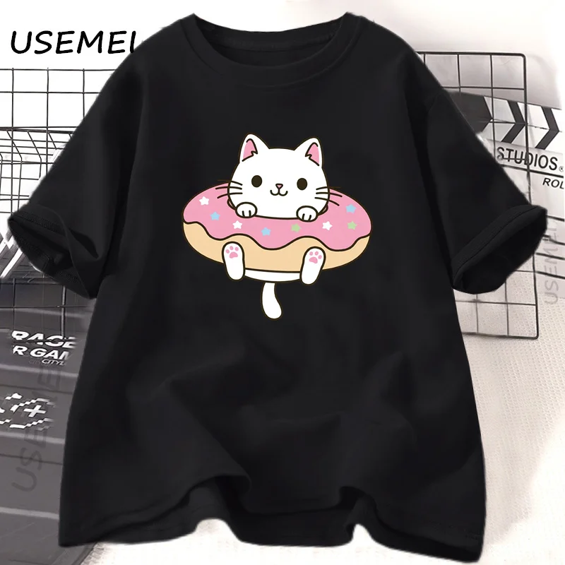 Grappige Donut Kat Grafische T-shirts Vrouwen Schattig Meisje T-shirt Casual Korte Mouw Katoenen T-shirt Mode Vrouwen Ademende Kleding