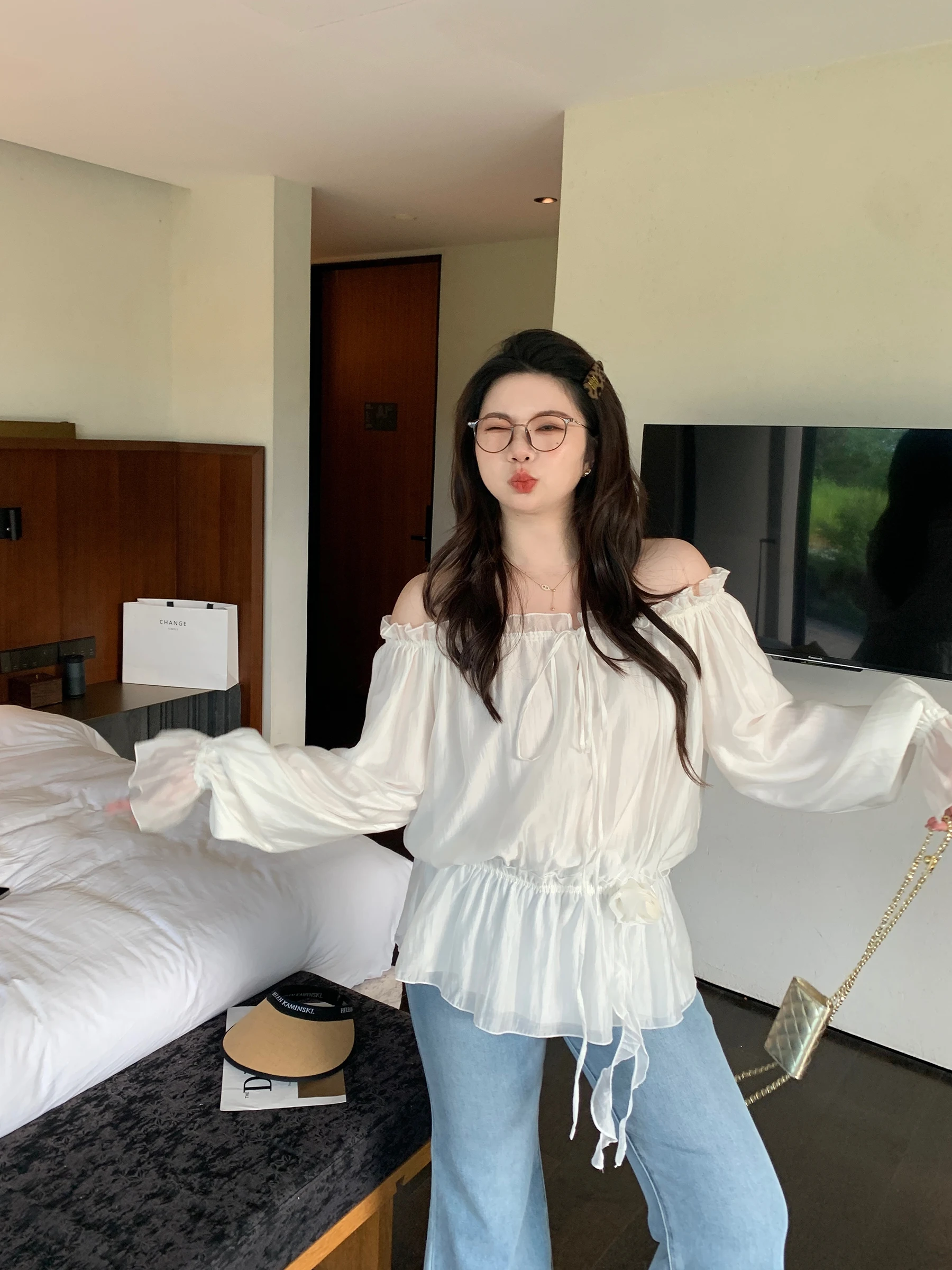 

Французская свободная блузка с длинными рукавами-колокол и открытыми плечами для женщин больших размеров, с защитой от солнца, с вырезом-лодочкой